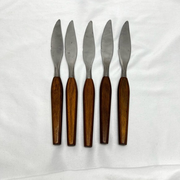 Set Of 5 Vintage Fleetwood Designs Stainless Steak Knives Teak Wood Handles - Picture 4 of 6